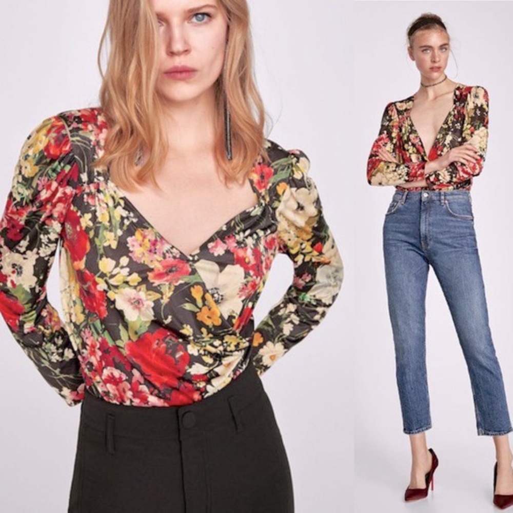 Zara floral V neck bodysuit